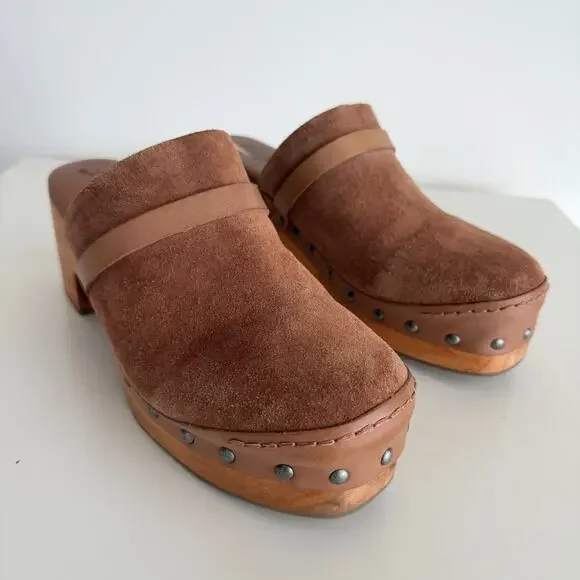Free People Calabasas Clog Platform 40 Brown Suede Wooded Slip On Mule Stud Heel - Picture 2 of 13